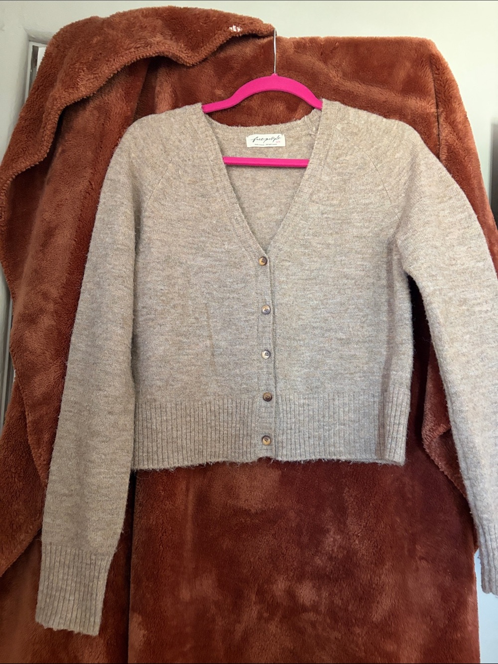 Free People Taupe V-Neck Button Front Cardigan